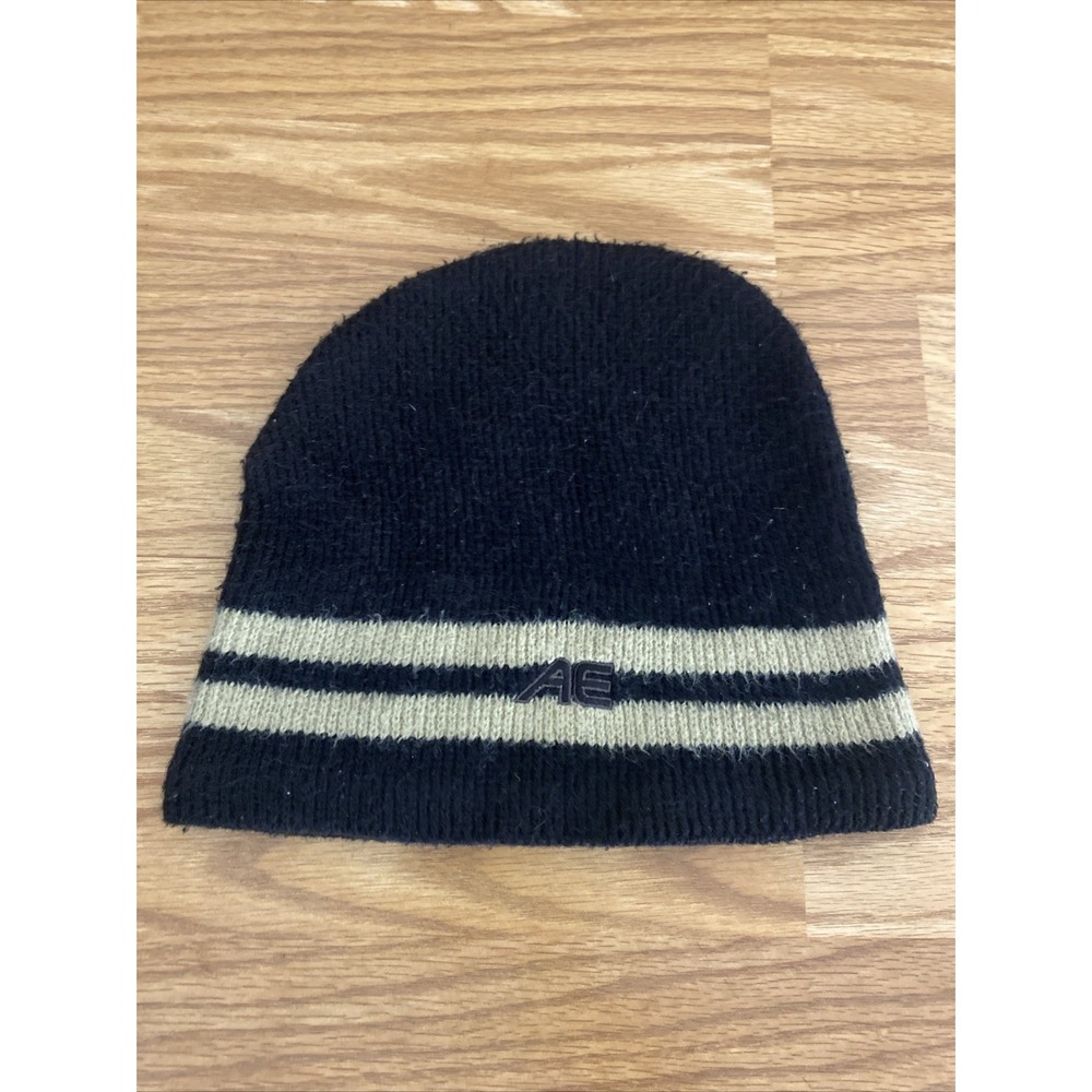American Eagle Wool Blend Cable Knit Beanie Black Cream Stripe Adult Unisex OS